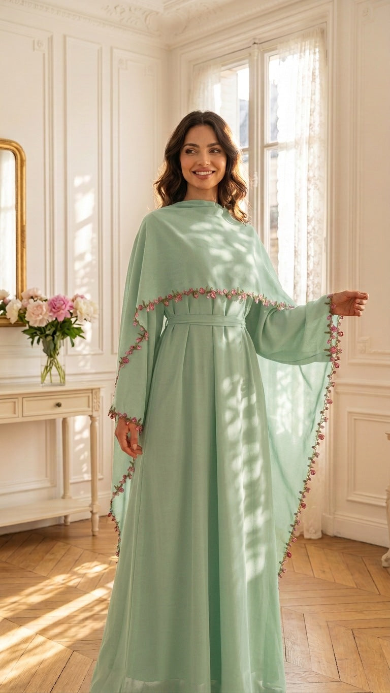 LR1355  Contrast Lace Trim Patchwork Dress and Hijab Two Piece Set