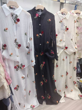 YZJ001  Spring Cotton Linen Embroidered Flower Shirt & Pants Set