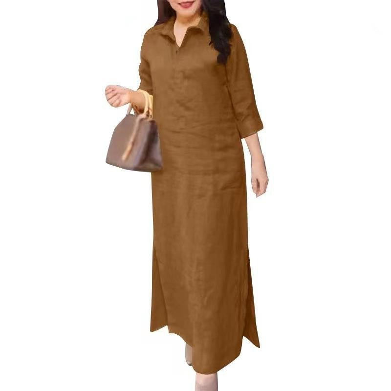 S010 Spring Autumn Plain Lapel Long Sleeve Loose Long Dress Abaya