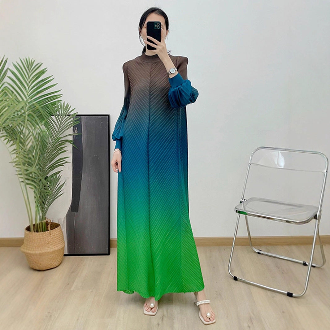 1169240391  Ombre Polyester Crinkle Lantern Sleeve Long Dress