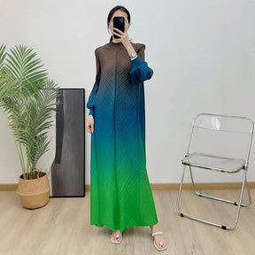 1169240391  Ombre Polyester Crinkle Lantern Sleeve Long Dress