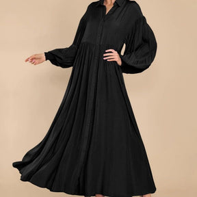 7826  Women's Casual Plain Button Lapel Pleated Long Sleeve Maxi Dress