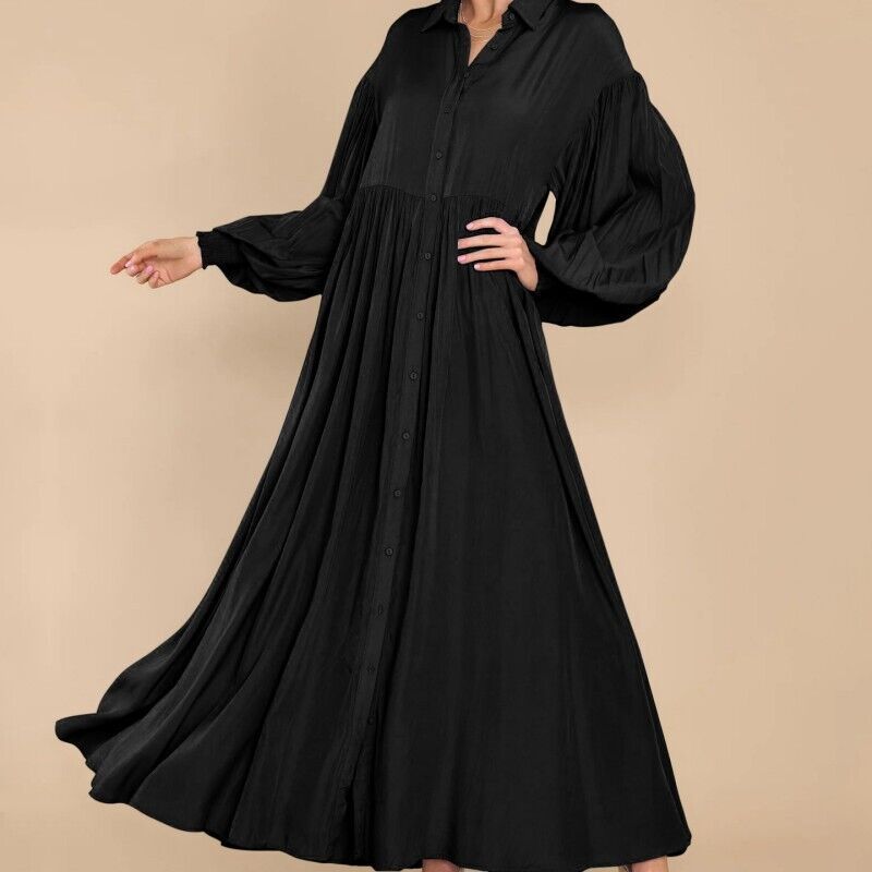 7826  Women's Casual Plain Button Lapel Pleated Long Sleeve Maxi Dress