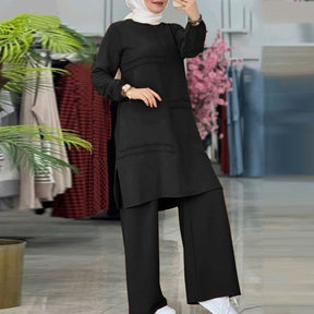 L8052  Muslim women's two-piece sportswear double bars elegant solid color long-sleeved shirt wide-leg pants suit abaya