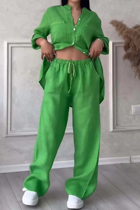 6670  Women's Plain Single-Breasted Long Sleeve Shirt & Tie Waist Pants Set