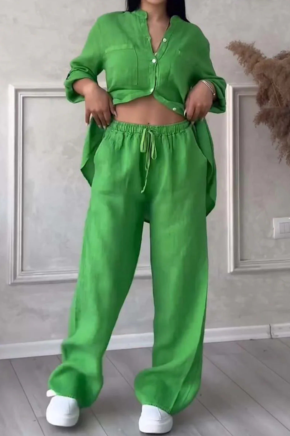 6670  Women's Plain Single-Breasted Long Sleeve Shirt & Tie Waist Pants Set