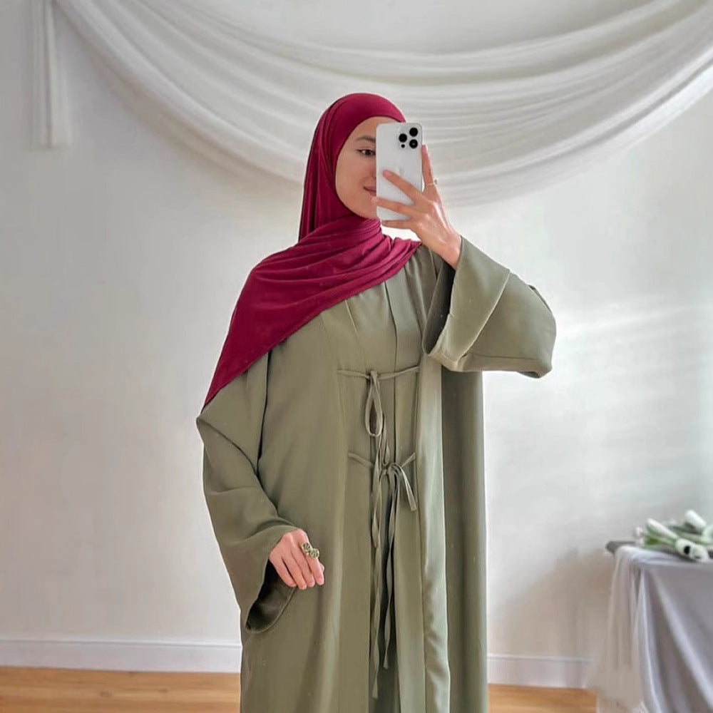 K113  Satin Tie-Front Open Abaya + Inner Dress Set - No Hijab