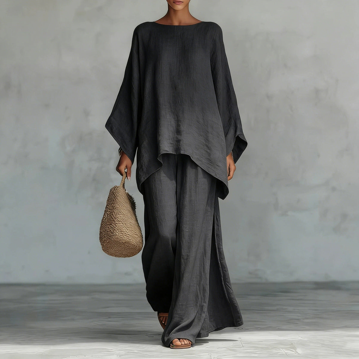 GS-30910  Women Simple Loose Linen Blend Shirt Wide Leg Pants Set