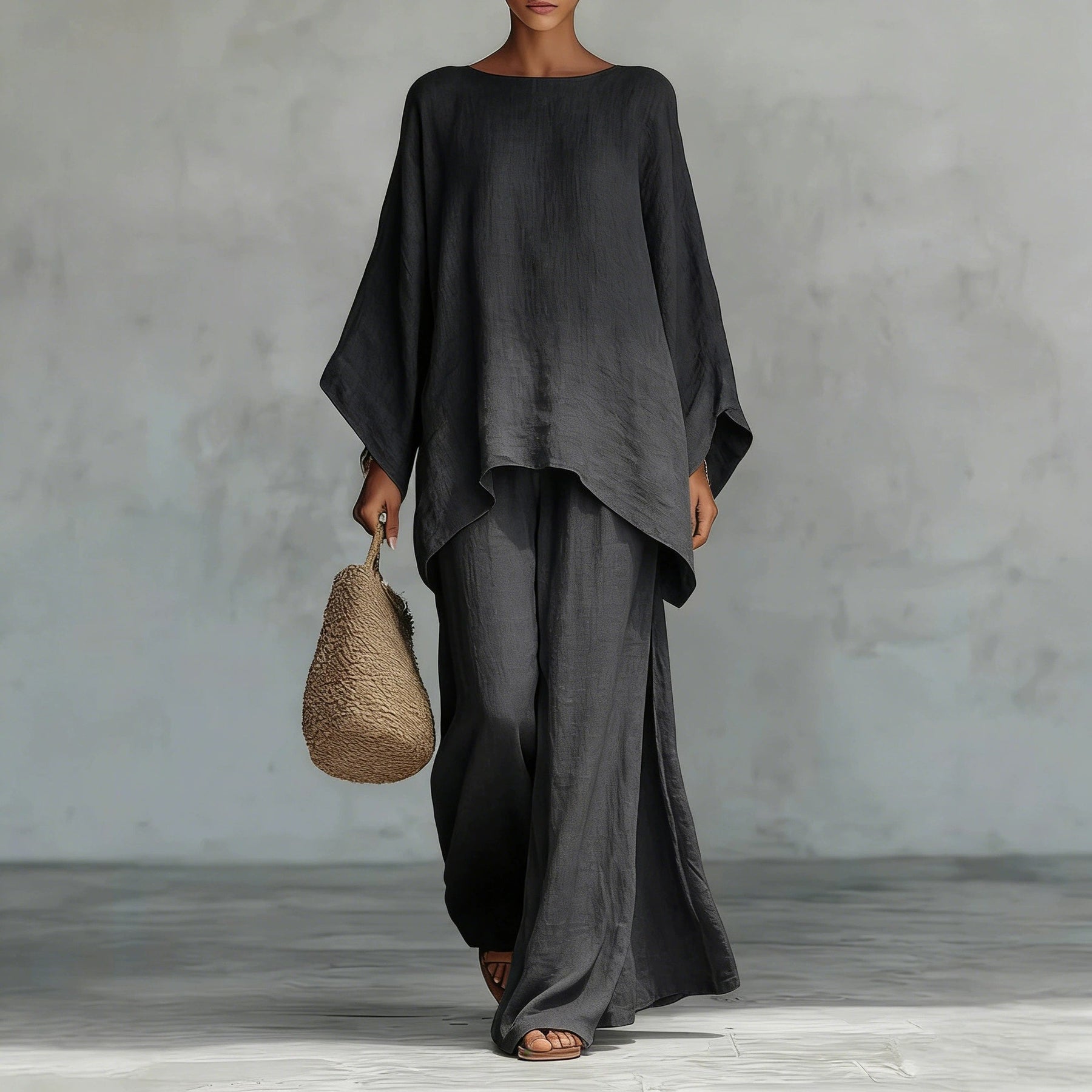 GS-30910  Women Simple Loose Linen Blend Shirt Wide Leg Pants Set