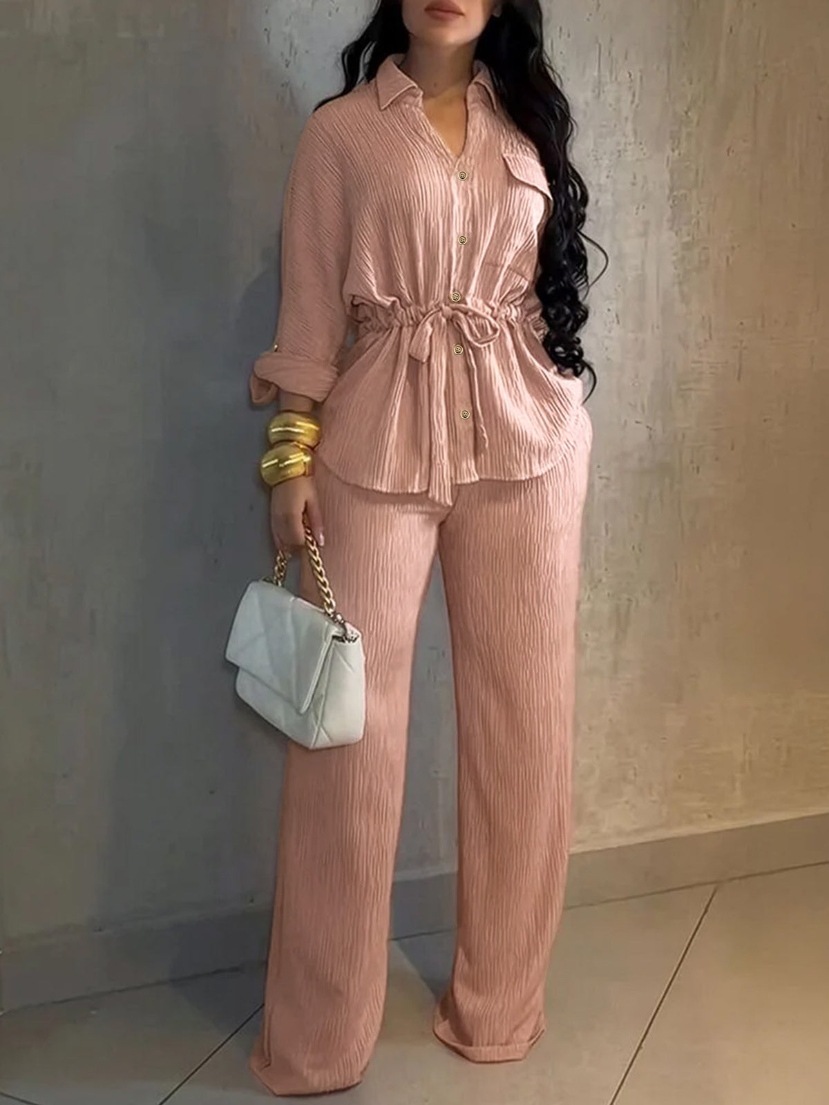 HC55359  Women's Lapel Button Shirt & Drawstring Wide-Leg Pants Set