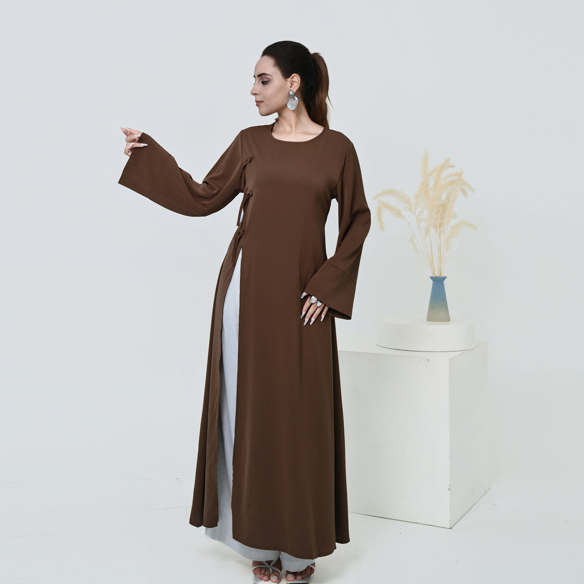 LR1102  Plus Size Long Sleeve Tie Waist Long Top with Back Zipper
