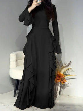 6256  Elegant Plain High-Waist Flare Sleeve Long Dress