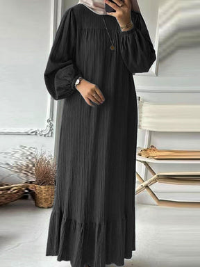L8019  Puff Sleeve Vintage Pocket Hem Ruffle Dress
