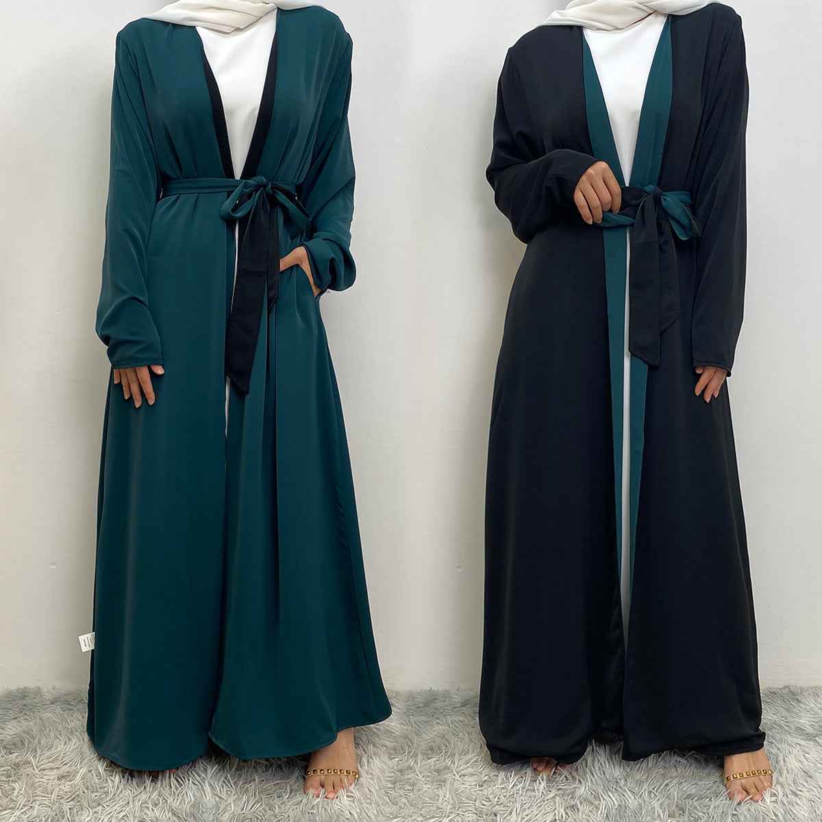 1991 Solid color reversible cardigan with pockets and tie abaya