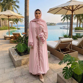 198#  Floral Embroidered Polyester Open Abaya + Slip Dress Set - Hijab sold separately