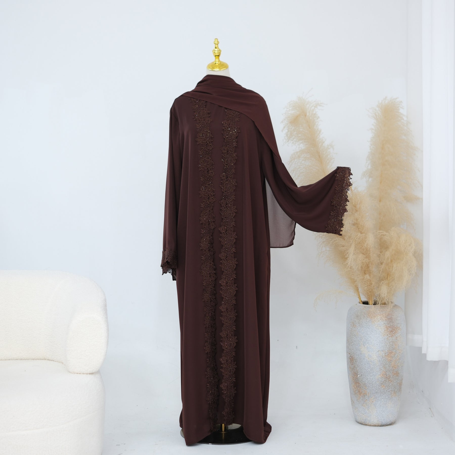 LR1191  Plain Nida Gold Foil Lace Open Abaya + Inner Layer + Hijab Set