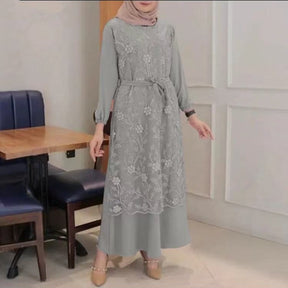 9902 lace Solid color muslim abaya long dress