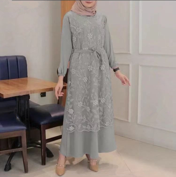 9902 lace Solid color muslim abaya long dress