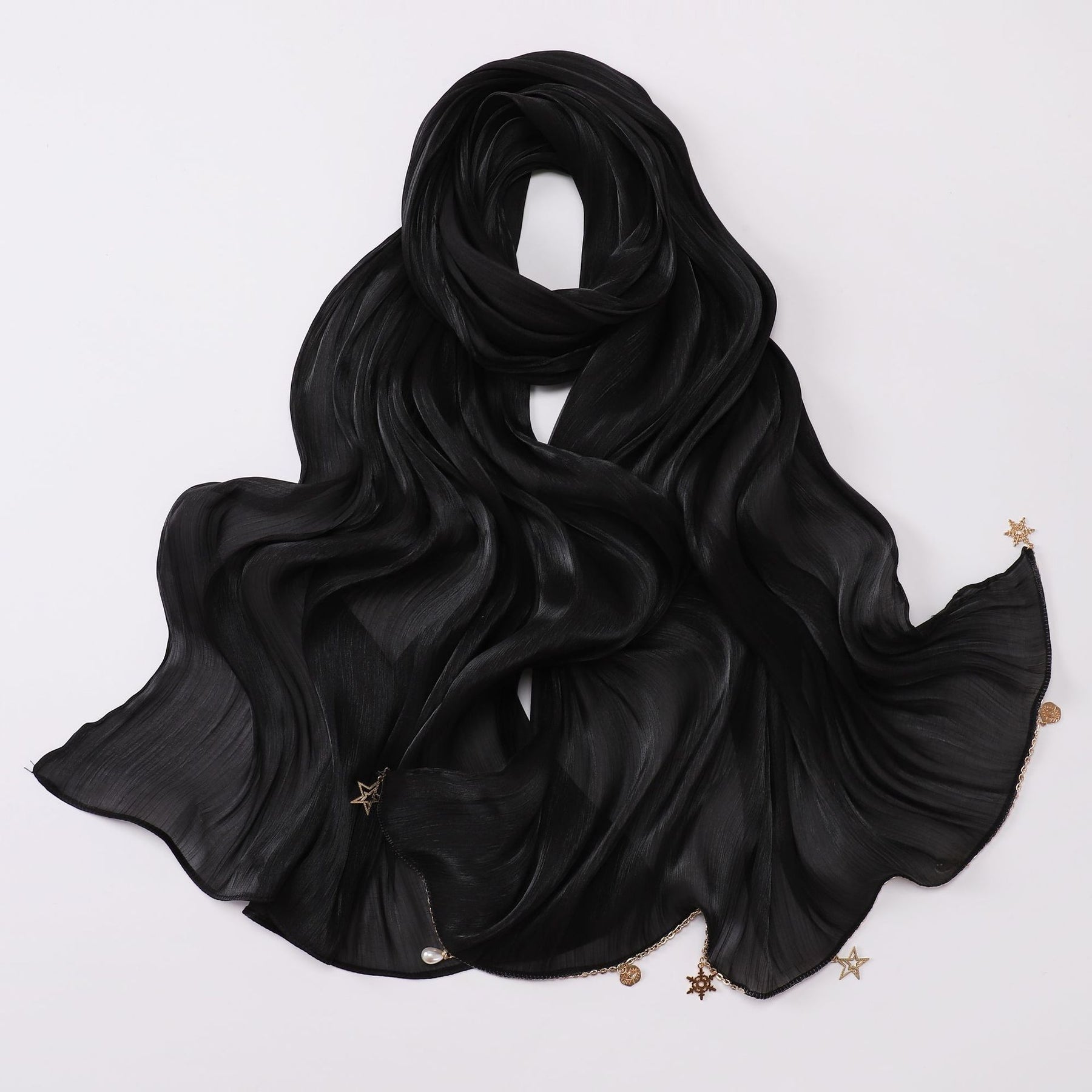 260302  Sea Island Silk Long Hijab with Handmade Chain