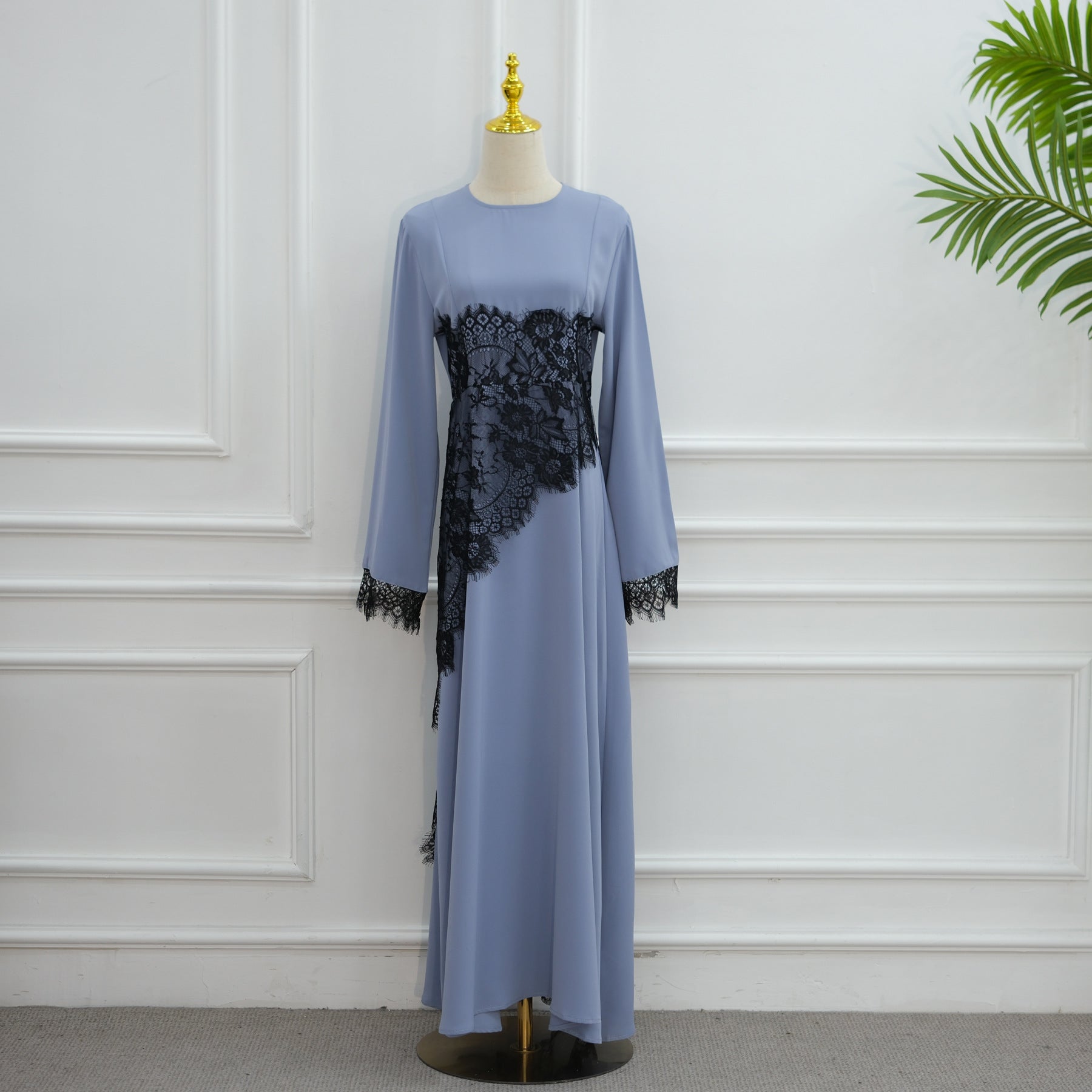 LR1174  Plus size lace panel long sleeve waist-cinching dress
