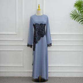 LR1174  Plus size lace panel long sleeve waist-cinching dress