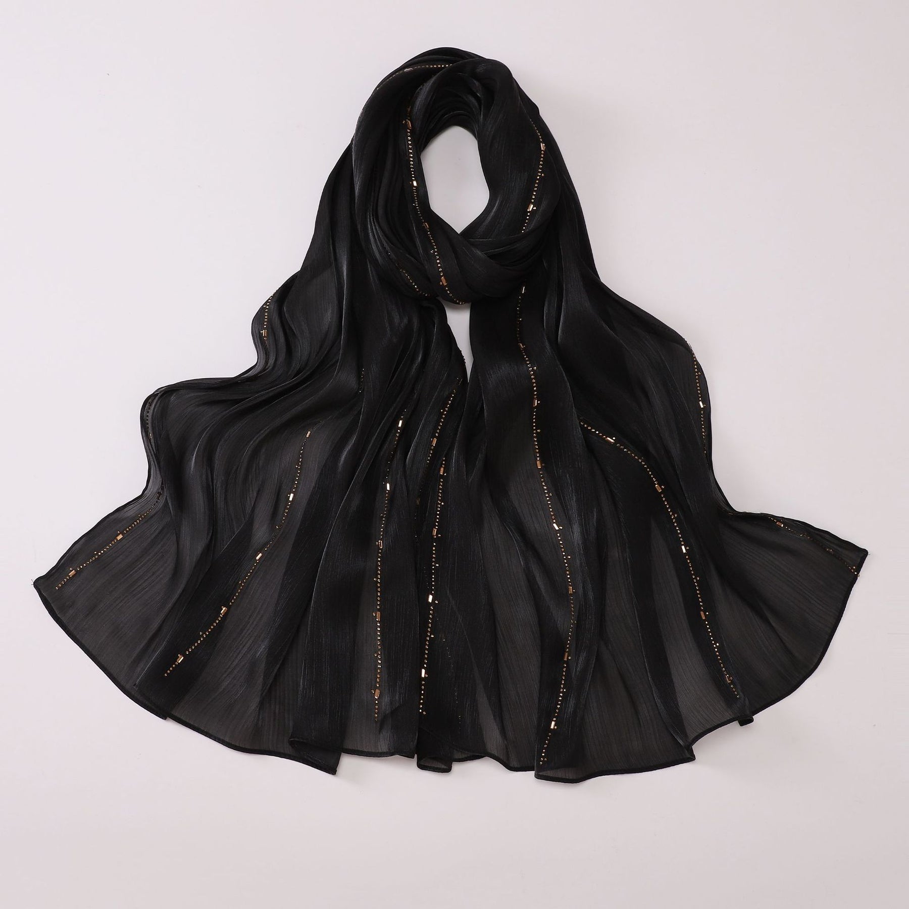 W-0513  Sea Island Silk Bright Silk Hijab with Rhinestone Lines