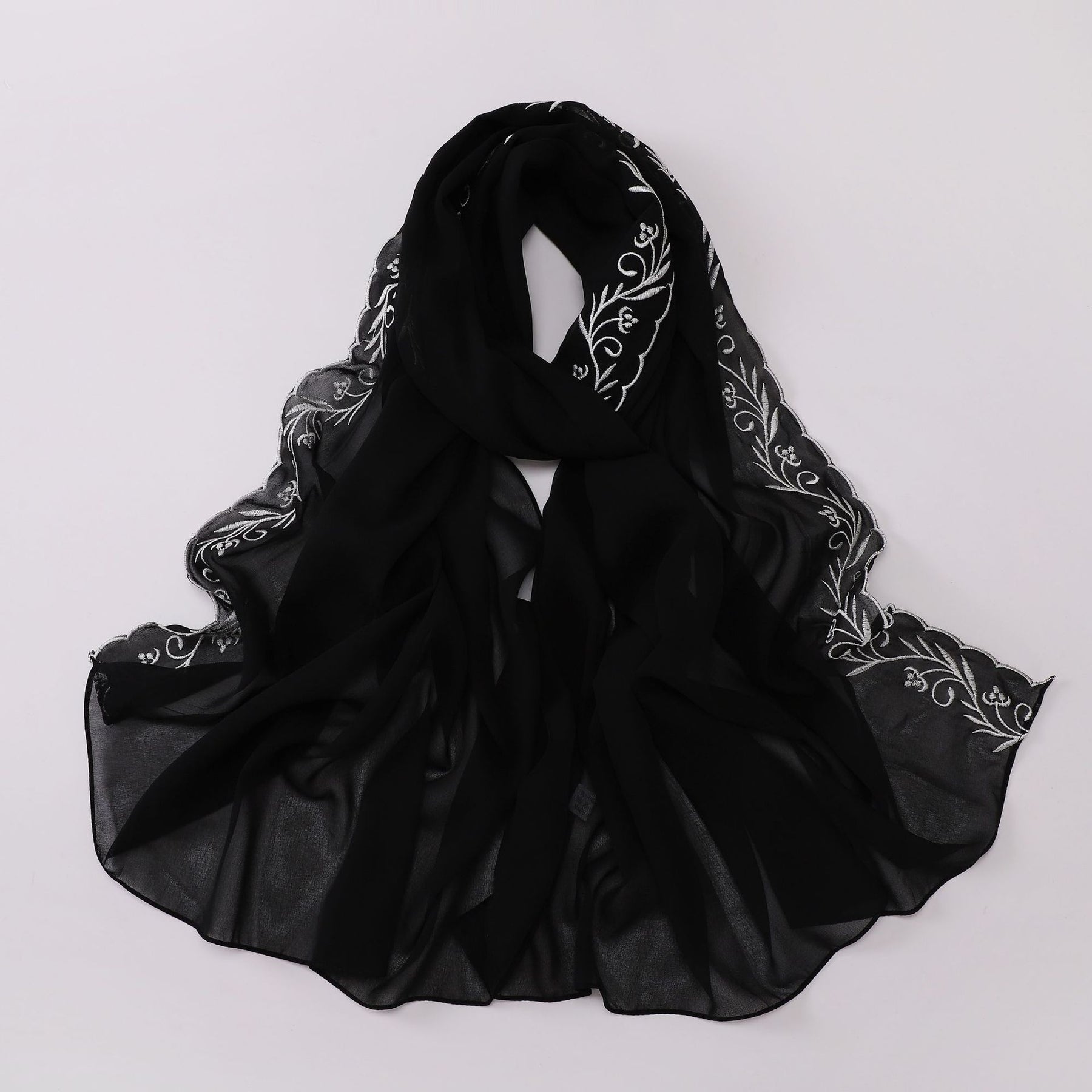 W-0512  Pearl Chiffon Long Hijab with One Side Embroidery