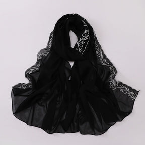 W-0512  Pearl Chiffon Long Hijab with One Side Embroidery
