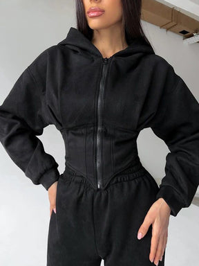 C56105  Autumn Winter Women Plain Drawstring Hooded Sweatsuit Abaya 2-Piece Set