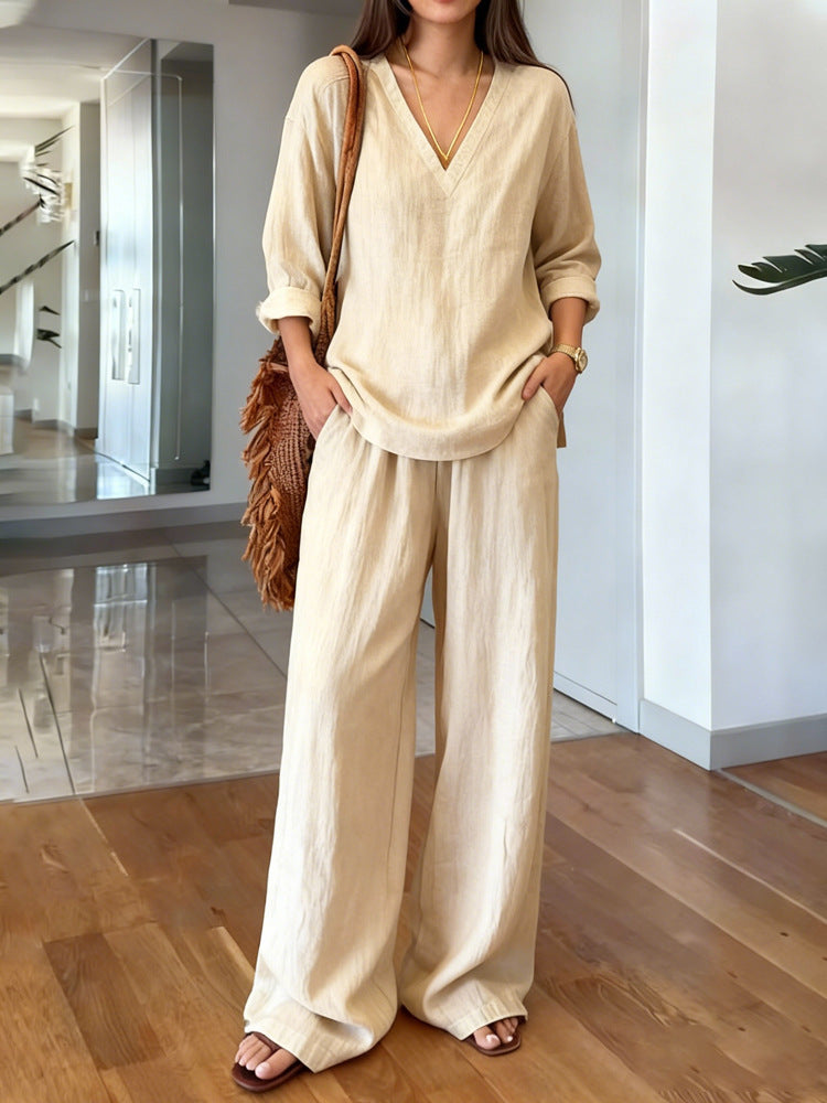 CB003  Elegant V-Neck Long Sleeve Top & Pants Abaya 2-Piece Set