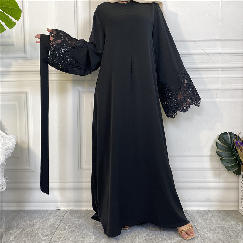 6659 Lace flower solid color muslim abaya dress