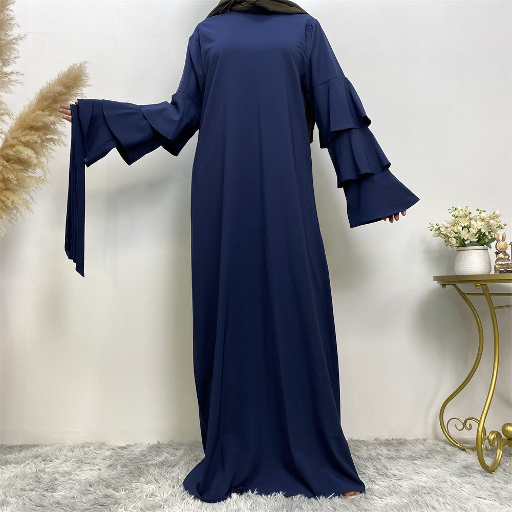 9073 plain Multi-layer stack sleeves abaya dress