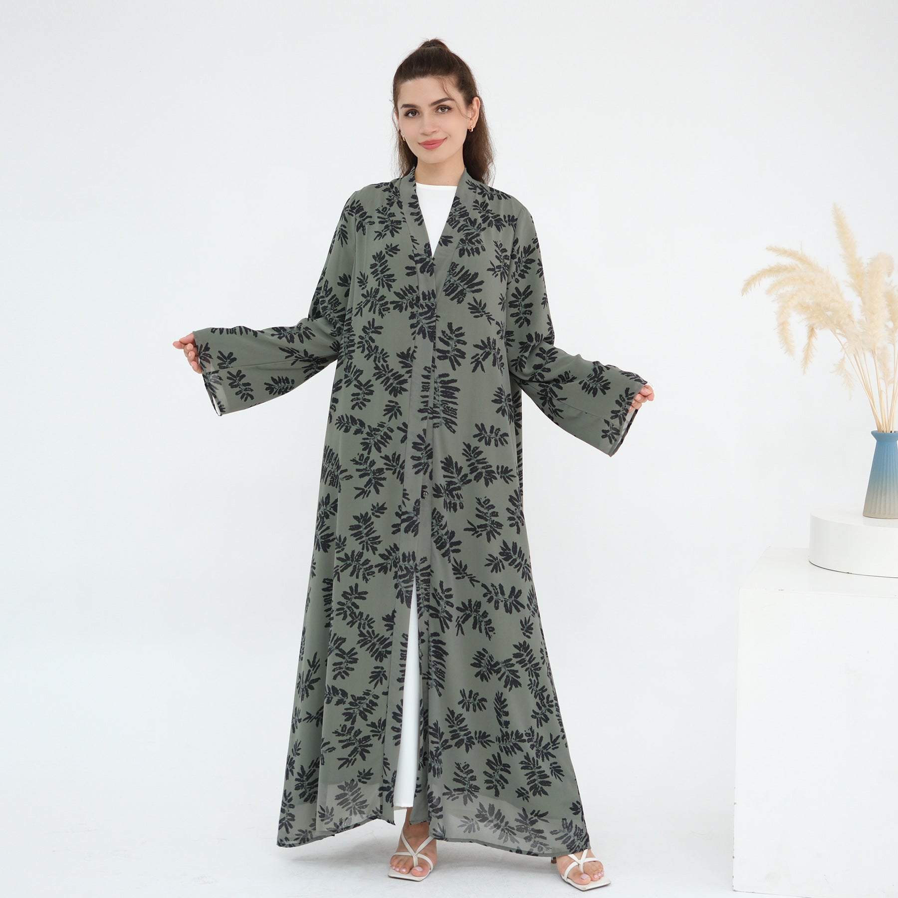 LR1067  Printed Chiffon Lined Open Abaya + Hijab Set