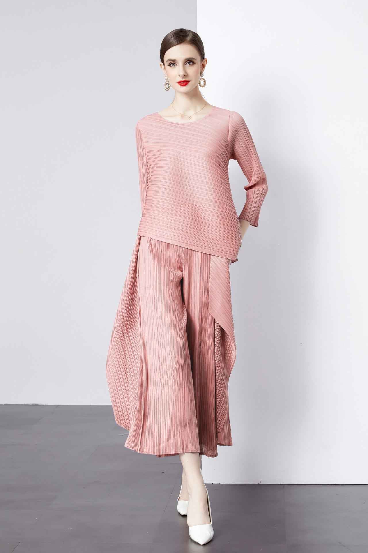 NRJ-610#19094 Pleated irregular trousers and nine-quarter sleeve bottoming shirt suit