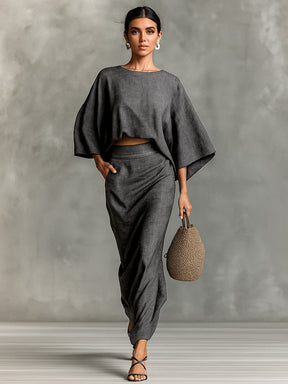 TJ7022  Autumn Crewneck Long Sleeve Top & High Waist Maxi Skirt Abaya Set