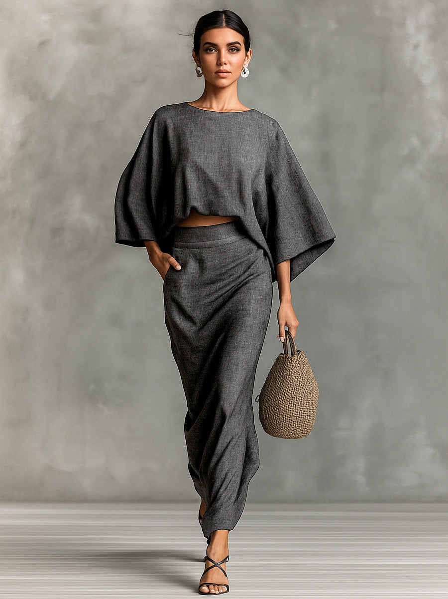 TJ7022  Autumn Crewneck Long Sleeve Top & High Waist Maxi Skirt Abaya Set