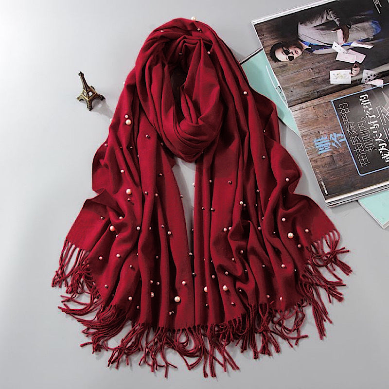 BR001  Plain Faux Cashmere Beaded Scarf