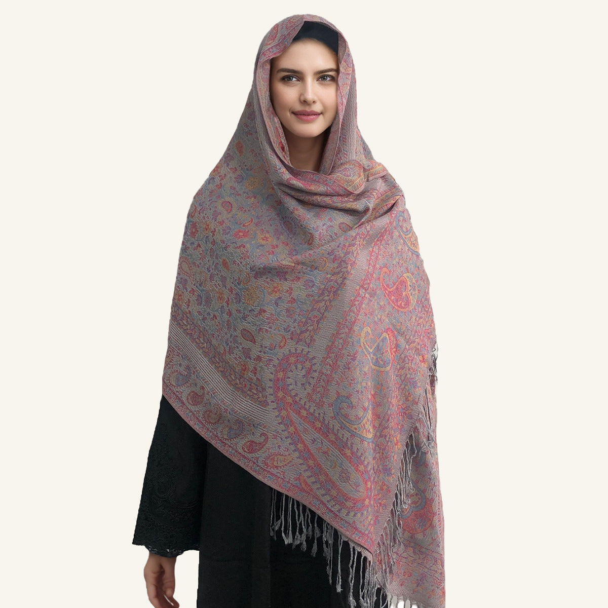 WJ005  Faux Cashmere Paisley Embroidered Tassel Scarf