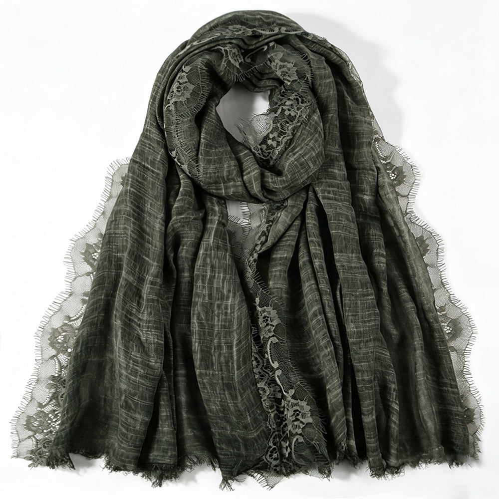 YC007  Plain Polyester Crinkle Lace Panel Fringe Hijab