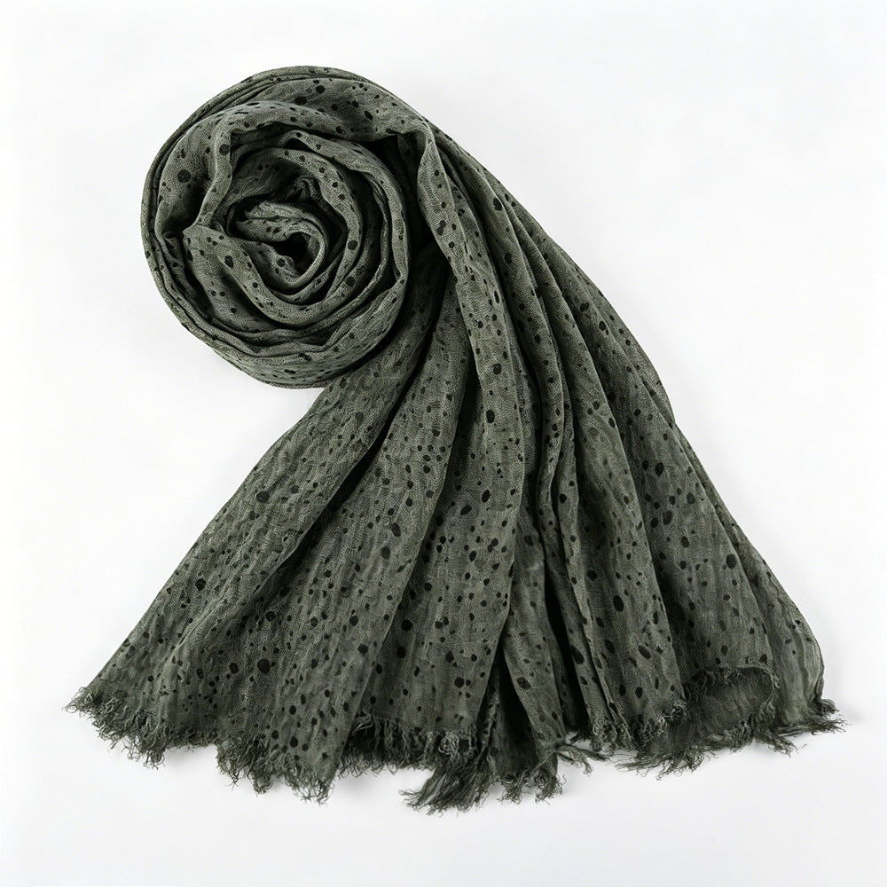 WJ197  Plain Polka Dot Polyester Crinkle Hijab with Short Fringe
