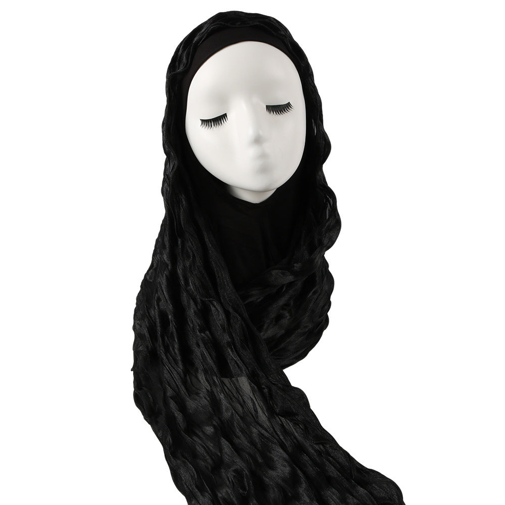 WJZH09  Plain Solid Polyester Crinkle Hijab with Inner Cap Set
