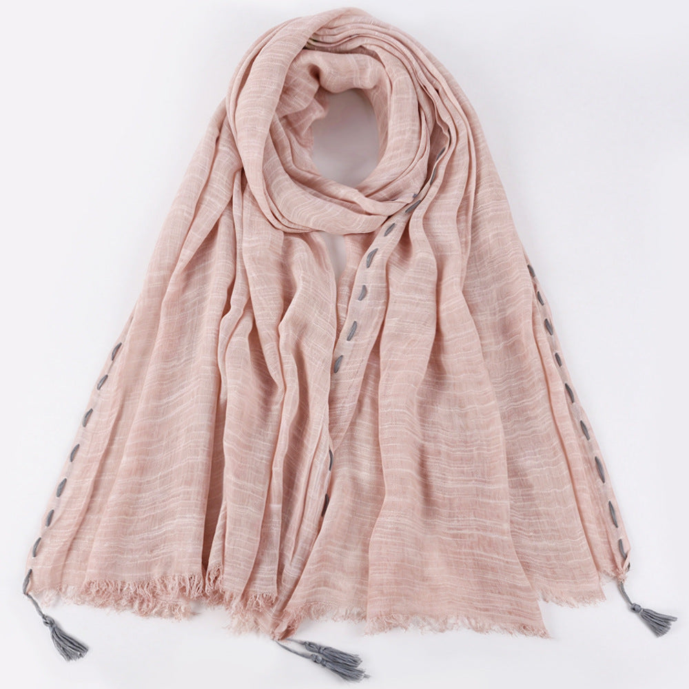 YC008  Crinkle Drawstring Polyester Fringe Tassel Hijab