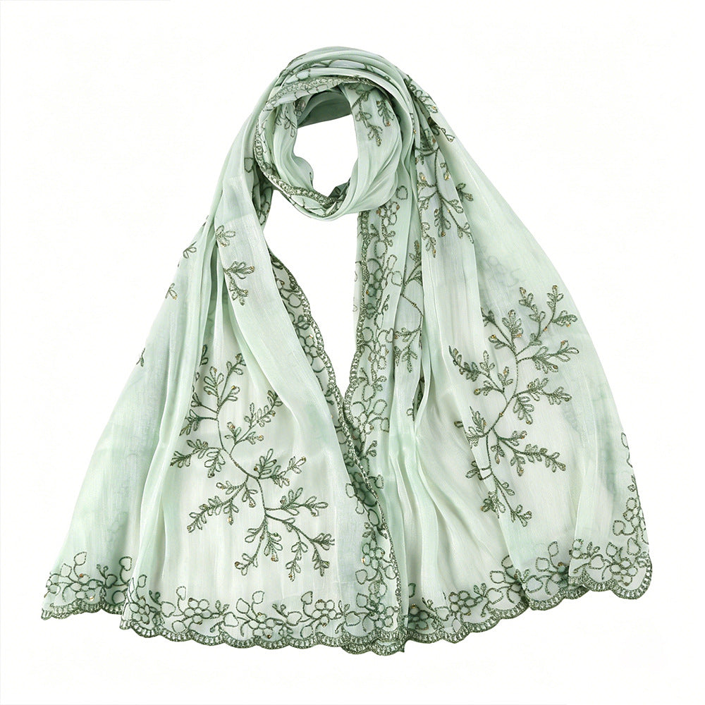 WJ115  Plain Embroidered Scallop Edge Sea Island Silk Hijab