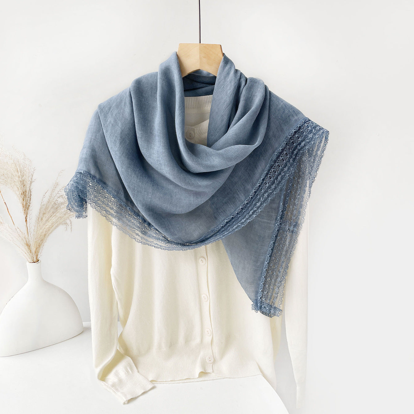 SS006  Plain Lightweight Lace Trim Polyester-Cotton Square Scarf