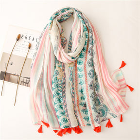 SL2202-009  Women's Ethnic Cotton Linen Feel Scarf with Wheat Ears Tassels