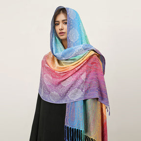 T318-01  Paisley Embroidered Ombre Tassel Polyester Cotton Scarf