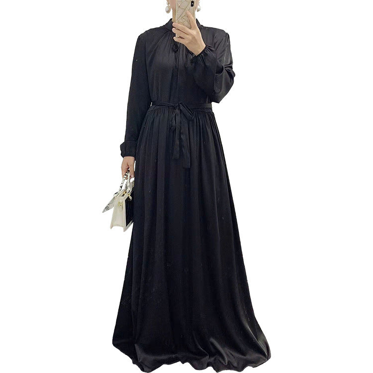 21662  Elegant Long Sleeve Tie-Waist Flowy Abaya Dress