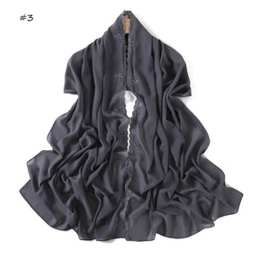 YZ336  Plain Solid Hijab with Flower Embroidered Chiffon
