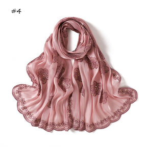 YZ343  Sequin Floral Embroidered Lace Trim Breathable Hijab