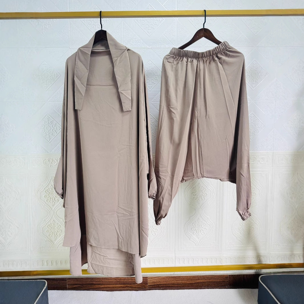 P103  Plain 2-Piece Loose Long Sleeve Top Hijab and Tied Pants Set